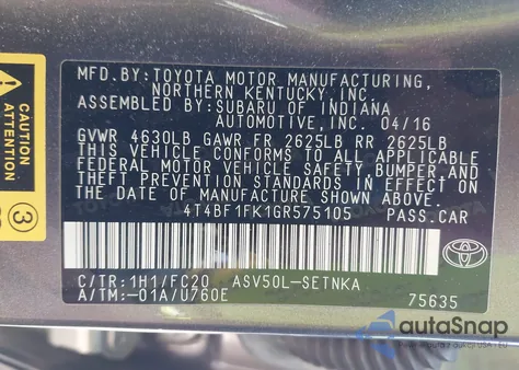 2016 Toyota Camry Le from USA, damaged, VIN 4T4BF1FK1GR575105